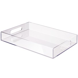 Elavain Acrylic Clear Leak Free Tray with Handles | Rectangle Sturdy Tray for Coffee Table | Large Appetizer Serving Tray, Bathroom Perfume Tray, Letter Tray Desk Organizer & Bed Tray | 12’’ x 16‘’