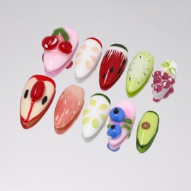 Handmade Press on Nails Medium Almond Nails Thick Fake Nails with Glue,Cute 3D Fruit Art False Nails with Designs Colourful Nails Reusable Nature Stick on Nail for Wome (Size M)