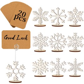 Funnymoom 20 Pcs Christmas Wood Place Card Holders Stand Display and 20 Kraft Place Cards Santa Snowman Elk Number Name Photo Picture Clip Holder for Xmas Party Table Decoration(Snowflake)