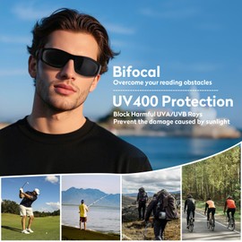 2 PACK Unbreakable Bifocal Reading Sunglasses for Men, Wrap Around Sun Reader Heavy Duty Temple UV400 Outdoor Sports Driving Finshing (Black & Grey +2.25)