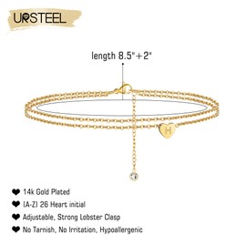 Ursteel Ankle Bracelets for Women, H Initial Anklets 14K Gold Plated Dainty Layered Heart Anklet Letter H Anklets for Women