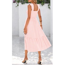 PRETTYGARDEN Women's Summer Dress Casual Square Neck Ruffle Strap Gingham Smocked Midi Flowy A Line Beach Vacation Sun Dresses 2025 (Pink, XXL)