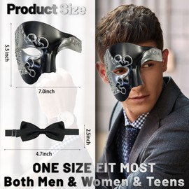 HyperFun Masquerade Mask for Men Phantom of the Opera Half Face Mask with Bowtie, Vintage Venetian Masks for Costume/Theme Parties (Black Earl)