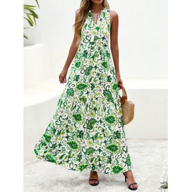 BTFBM Womens Summer Maxi Dresses 2025 Casual Sleeveless V Neck Loose Fit Floral Boho Dress Beach Long Sundress(White Green Flower,Medium)
