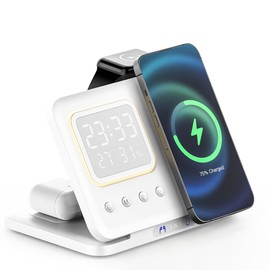 IHAO 5in1 Multi Functional Wireless Charging Station with Digital Clock 15W Fast Charge Night Light Temperature Display Wireless Charger for All Qi Phone and TWS Headphone Compliant with i-Watch