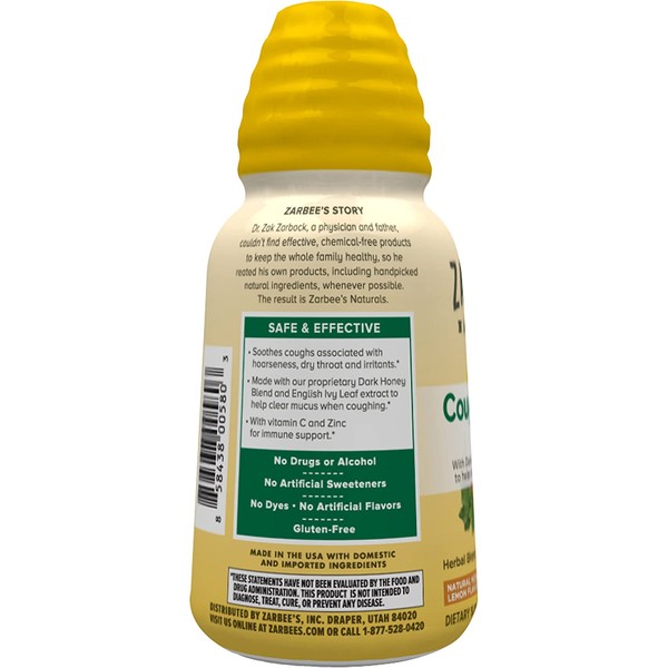 Zarbee's Naturals Cough Syrup* + Mucus, Natural Honey Lemon Flavor, 8 Ounce Bottle