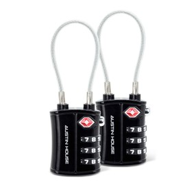 Austin House Travel Essentials Luggage Lock – 3-Dial Combination Cable Padlock with Strong Metal Housing & Steel Cable Shackle, Travel Sentry Approved & TSA Accepted – Black (2 Packs)