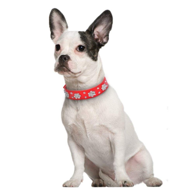 Serijoars Rhinestone Dog Collar - Cute Flower Bling PU Leather