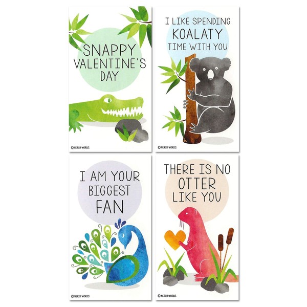 Mini Crocodile Otter Koala Peacock Valentines (Wallet-Sized Cards with Tiny Envelopes) for Valentine's Day by Nerdy Words (Set of 24)