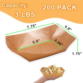RALAHBEIFM 200 Pack 3 Lb Paper Food Boats, Disposable Brown Food Trays, Kraft Paper Boats for Serving Food, Paper Nacho Trays for Hot Dog, Fries, Popcorn Sauce, BBQ, Picnic, Party, Wedding, Christmas