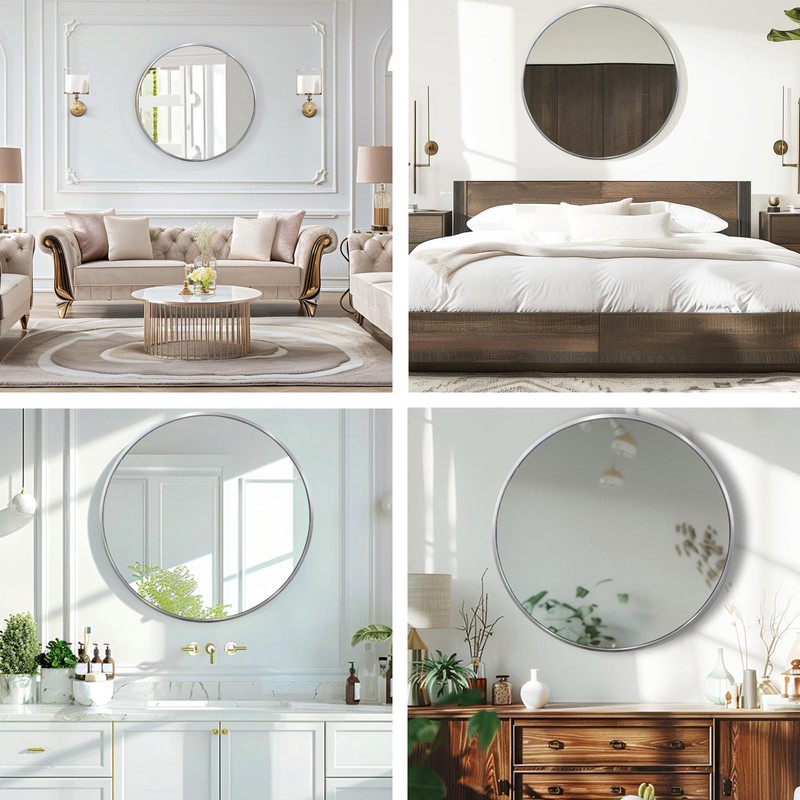 Mfring Round Silver Mirror, 30 Inch Circle Silver Mirror, Metal