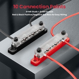 Fibnek 150 A 12–48 V DC Power Distribution Bus Bar with Protective Cover – 4×M6 + 6×M4 Copper/Steel Multi-Port Connection Module for Car, Boat, RV & Solar Systems