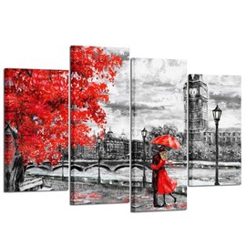 Kreative Arts 4pcs Contemporary Wall Art Black White and Red Umbrella Couple in Street Big Ben Oil Painting Printed on Canvas Romantic Picture Framed Artwork Prints for Walls Decor 48x33inch