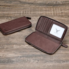 HISCOW Zippered Checkbook Cover & Card Holder with Divider - Italian Calfskin (Aniline Leather Coffee)