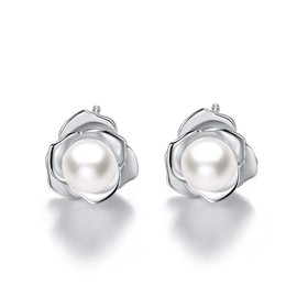 "Lovely Rose" High Polished 925 Sterling Silver Earrings with 7mm Natural Freshwater Pearl, silver plated base gold plated base, Pearl