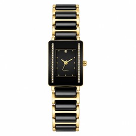 XV12 Rectangular Ceramic Quartz Watch – Black & Gold Date Wristwatch with Crystal Accents, 2010L/2010M