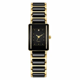 XV12 Rectangular Ceramic Quartz Watch – Black & Gold Date Wristwatch with Crystal Accents, 2010L/2010M