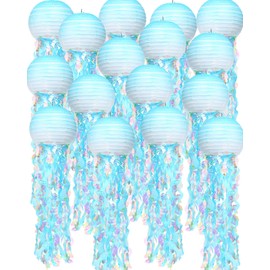 Honoson 16 Pcs Hanging Jellyfish Lanterns Gradient Blue Paper Lanterns Under The Sea Ocean Party Decorations for Mermaid Birthday Party Beach Theme Wedding Room Supplies