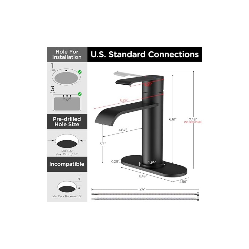 FORIOUS Black Bathroom Faucet 1 Hole, Single Handle Matte Black