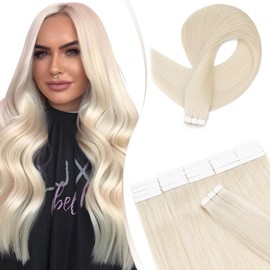 Elailite Tape in Hair Extensions Real Human Hair 20 Pcs Blonde Invisible Thin Type - Skin Weft Remy Hair (#70 Bleach White, 20 Inch-30g)