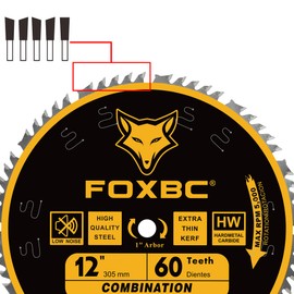 FOXBC 12 Inch Combination Saw Blade, 60-Tooth, Wood Cutting with 1 Inch Arbor