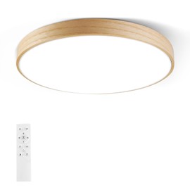 HOREVO Smart LED Ceiling Light,Minimalist Wood Flush Mount Ceiling Light Fixture with Remote Control,Color Changing Dimmable Light with Alexa Google Home, Natural Wood Material Light for Bedroom