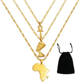 Set Necklace Together Ankh Africa Map Nefertiti Necklace for Women and Men, 3pcs Nefertiti Pharaoh Pendant Jewelry Queen Nefertiti Jewelry Egyptian Pendant Necklaces Gold Color (Gold 2 (Large))