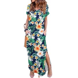 HUSKARY Maxi Dresses for Women 2025 Summer Beach Vacation Flowy Derss Floral Print Long Dresses for Women Boho Navy X-Large