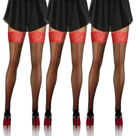 sesto senso 3 Pack Women's Hold-Up Stockings with Pattern 20 Denier Lace Stockings, 3 Pack - Black - Red Stitching Pattern