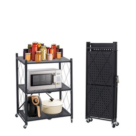 COKIHOM 3 Tier Foldable Storage Shelves, Collapsible Organization Storage Rack, Adjustable Folding Bookshelf with Wheels, Rolling Shelf Organizer for Kitchen, Pantry, Office, Basement, Black