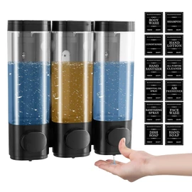 Wall Mounted Soap Dispenser, 3 Chambers, Shower Gel Dispenser, 300 ml, Manual Soap Dispenser, Wall Mounted, No Drilling, Shower Gel Dispenser, Shampoo Dispenser, Soap Dispenser Set for Hotel (Black)