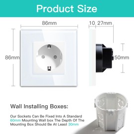 BSEED Schuko Socket, 1-Way Crystal Glass Panel Socket, Flush-Mounted Glass Socket, 16 A Socket, 86 mm, White, Extension Sockets, Wall Socket