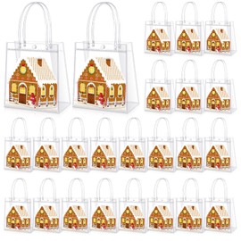 Colingmill 24 Pcs Christmas Gingerbread House Gift Bags Bulk with Handles Treat Candy Goodies PVC Bags for Xmas Decoration Holiday Gingerbread Party Favors Supplies