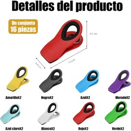 Clips para Bolsas de Alimentos, 16 PCS Clips de Cocina(7.5cm) con Imán para Refrigerador, Clips Magnéticos Reutilizables para Bolsas en Varios Colores