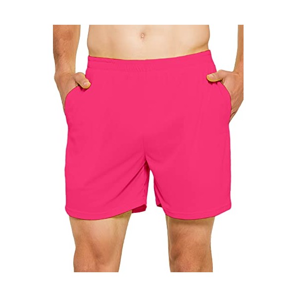 DEMOZU Men's 5 Inch Running Shorts Lightweight Quick Dry Athletic Tennis Workout Gym Shorts with Pockets, Neon Pink, M