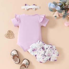 LUVCES Baby Girl Outfit Cartoon Rabbit Ruffle Short Sleeve Romper Top + Checked Bowknot Shorts + Socks + Headband 3/4 Pieces Easter Clothing Set, Style B: Purple Mamas Mini, 12 - 18 months