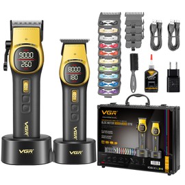 VGR 885 S2 Cordless Barber Clippers and Trimmers Kit, Professional Hair Clippers for Men, Haircut Kit with DLC-Coated Ceramic Blades, 21-Speed Roller, 2 Magnetic Charging Bases, LED Display, Gold
