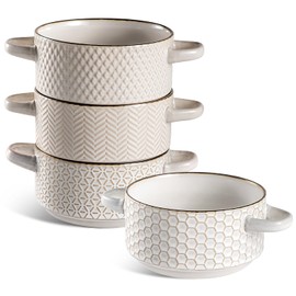 Gooditour Ceramic Soup Bowls Set - 27 Oz French Onion Soup Crocks with Handles - Embossed Stoneware Bowls for Soup Cereal Beef Stew Chili - Microwave Dishwasher Oven Safe - Set of 4