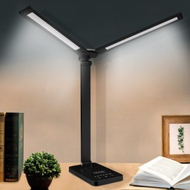 NUNET LED Desk Lamp Cordless Table Lamps USB Rechargeable Battery Operated Touch Control Double Head Piano Light for Home Office Bedroom Piano 5 Color Temperature Modes & 6 Steps Dimmable Brightness