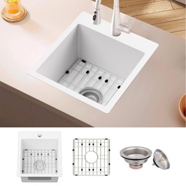 White Kitchen & Bar Sink, 15x17 Inch Stainless Steel Kitchen Sink Single Bowl Topmount Kitchen Sink With Sink Grid And Drain Assembly Bright White Bar Sink Enhance Aesthetic Appeal Of Modern Kitchen