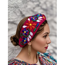 FANFAN Fuchsia Mexican Floral Embroidered Headband - Twist Knotted Criss Cross Elastic Stretchable Hair Band for Wedding, Festival & Daily Use E9 (Fuchsia, Free Size)