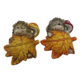 G&H Decor - 14cm Cute Sleeping Hedgehogs with Leaves Figures - Cute Garden Mini Hedgehog Figurine x2 Resin Statue Ornament - Weather Resistant Outdoor Animal Porch Ornament - Patio Lawn Balcony Gift