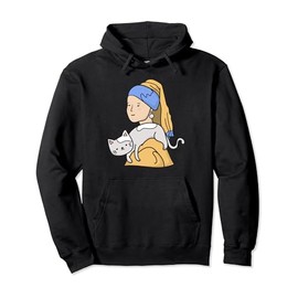 Funny Cat and Girl with a Pearl Earring Drawing Pullover Hoodie