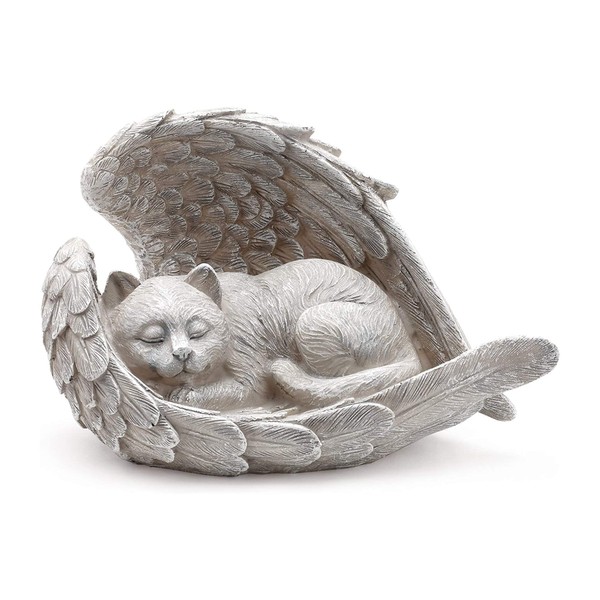 Napco Sleeping Cat Within Angel Wings 8.5 x 5.5 Resin Stone Pet Memorial Figurine, Concrete Grey