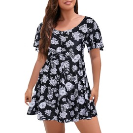 ECUPPER Womens One Piece Swimsuit with Sleeves Plus Size Swim Dress Modest Tummy Control Skirt Bathing Suit Built in Shorts Black Flower