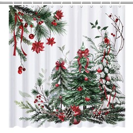 Christmas Trees Shower Curtains for Bathroom, Waterproof Winter Xmas Green Shower Curtain Set with 12 Hooks, 72x72 Inch AH34