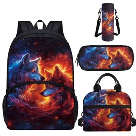 Luarisgur Wolf Backpacks for School Boys with Lunch Box Pencil Case Water Bottle Holder with Strap 4 Pcs Kids School Bag Set Cool 17 inch Travel Hiking Backpack for Primary Elementary Middle School