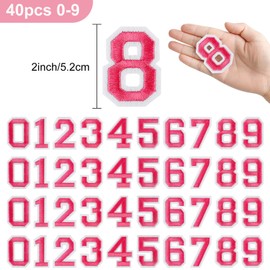Morcheiong 40 Pcs Iron on Number Patches 0-9, 2 Inch Iron on Embroidered Numbers for Clothing, Pants, Hats, Bags- Rose Red