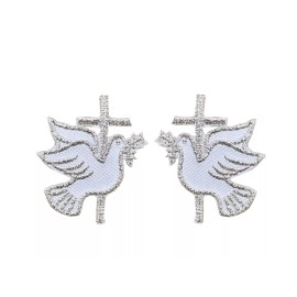 Unbranded #5210  1 Pair Small  Silver Dove with Cross Embroidered Iron On Applique Patch