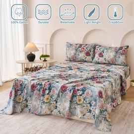 Huborise Blue Floral Bed Sheets Set 100% Cotton Percale Sheets Queen Size Shabby Vintage Chic Peony Patterned Sheets, Soft & Breathable Cottagecore Bedding, Deep Pocket Fitted Sheet 4 Pcs